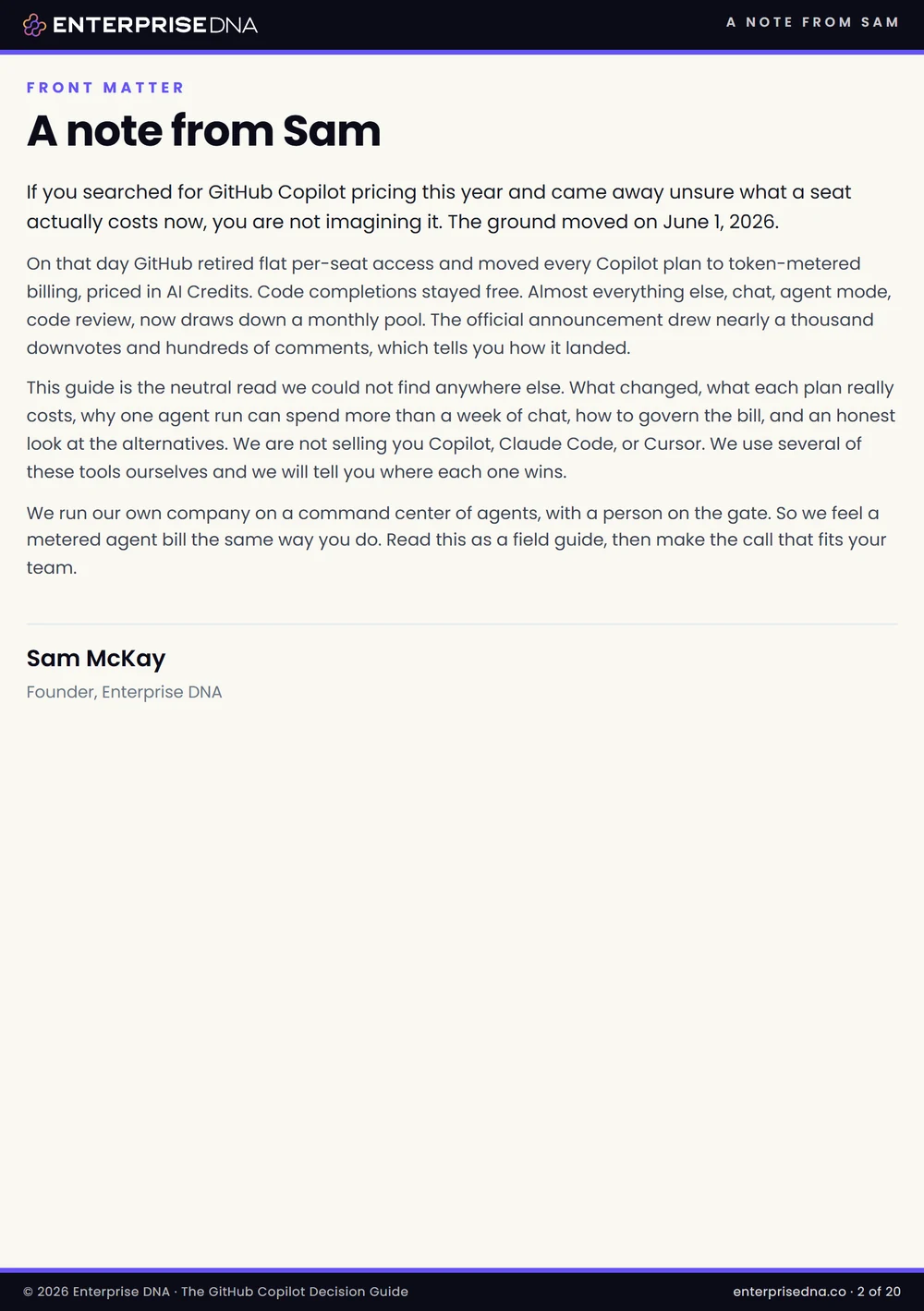 A note from Sam McKay, page 2 of the GitHub Copilot Decision Guide