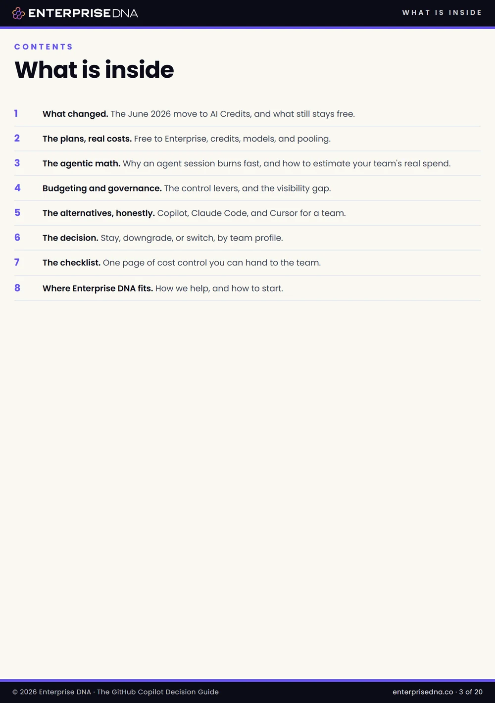 Contents page listing the eight parts of the guide