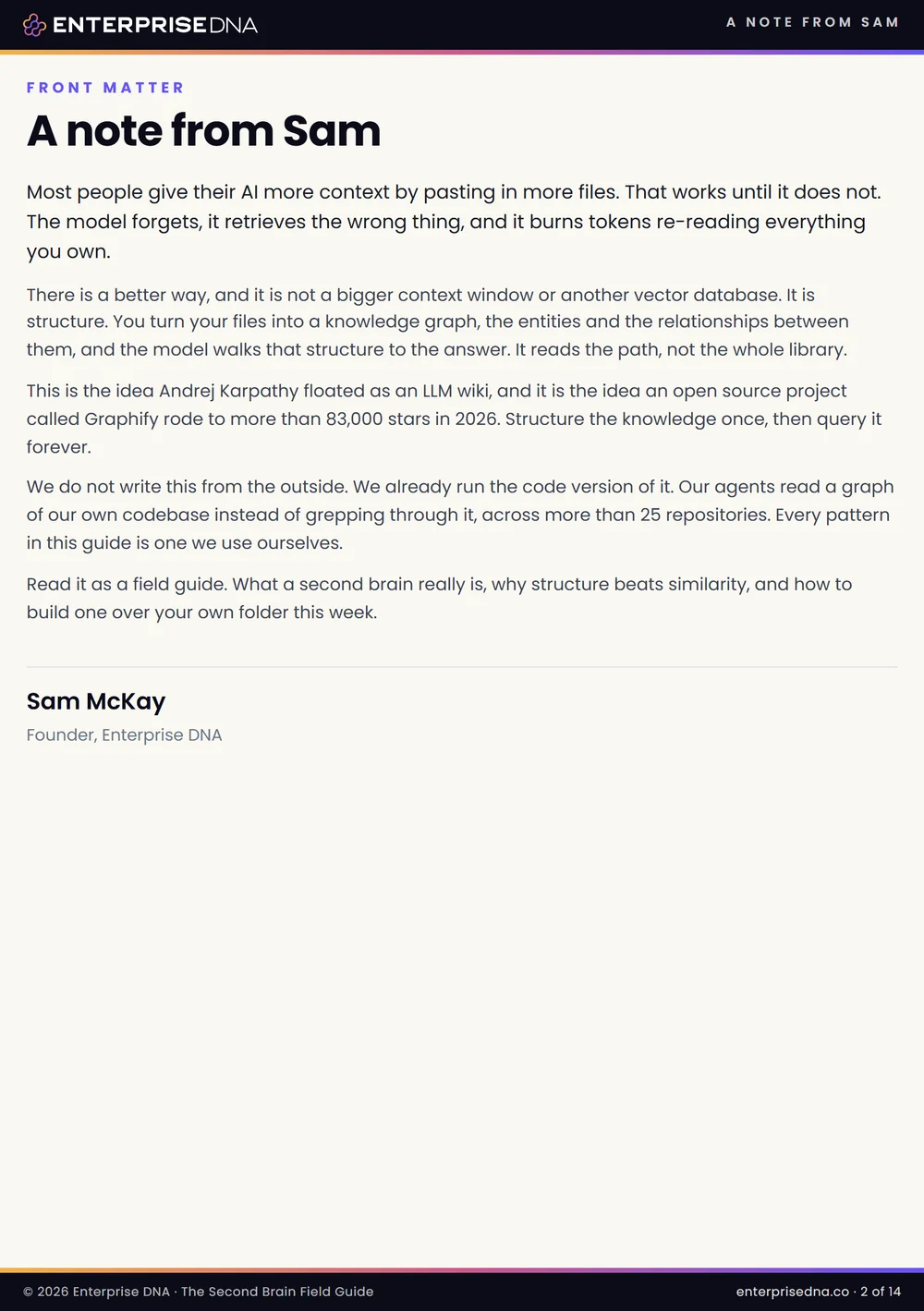 A note from Sam McKay, page 2 of The Second Brain Field Guide