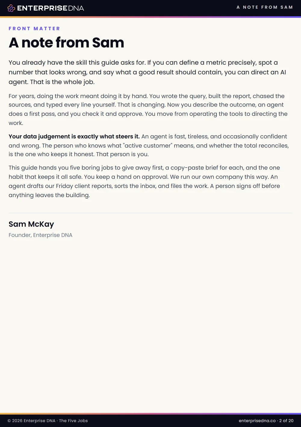 A note from Sam McKay, page 2 of The Five Jobs field guide