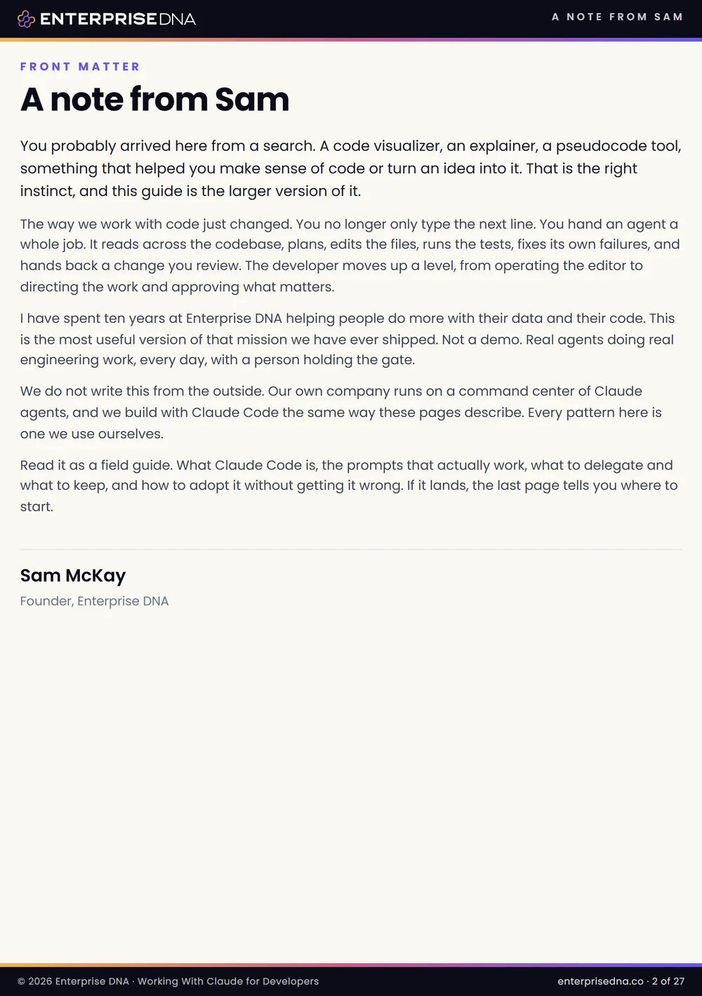 A note from Sam McKay, page 2 of the developer field guide